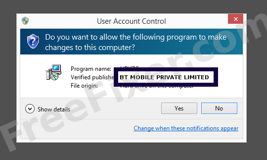 Screenshot where BT MOBILE PRIVATE LIMITED appears as the verified publisher in the UAC dialog